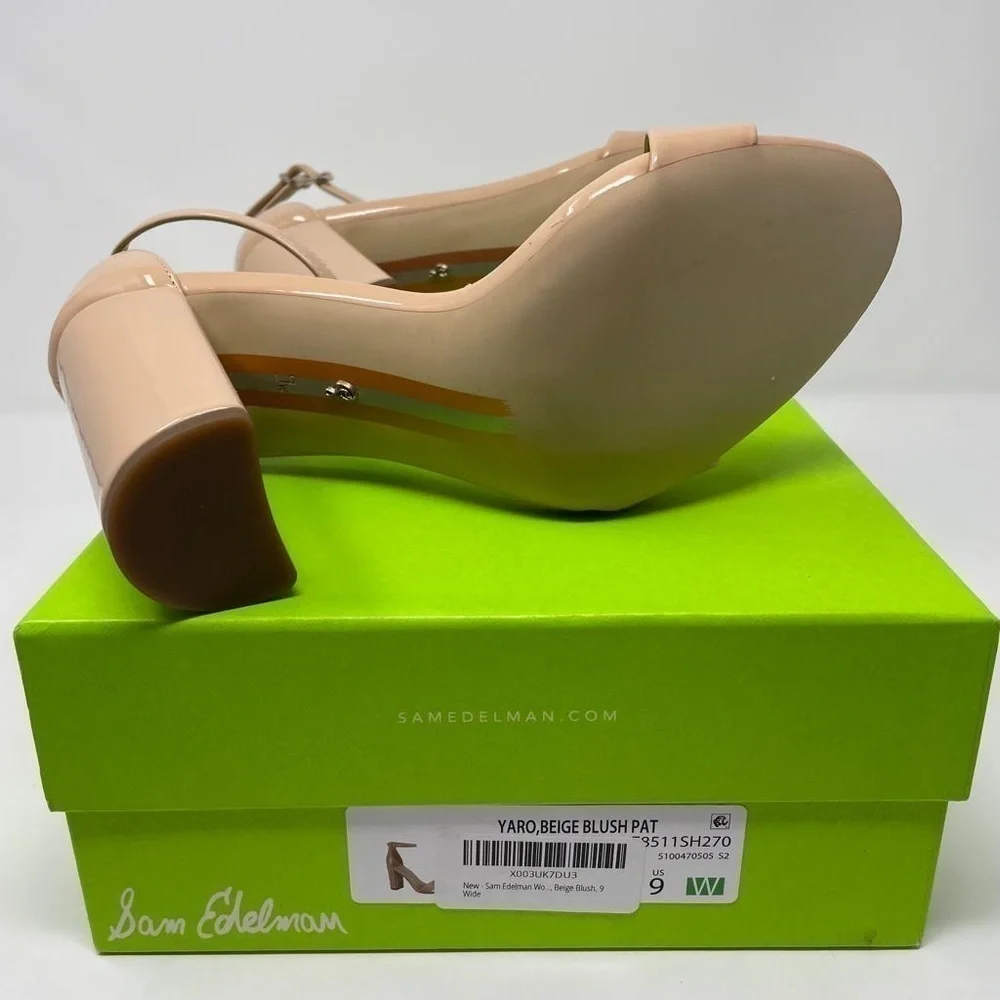 NIB Sam Edelman Yaro Ankle Strap Block Heel Sandals in Patent Beige Blush - Picture 12 of 13